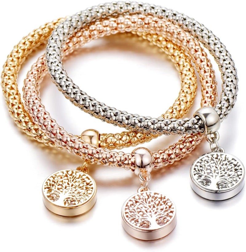 SILANER Crystal Charms Multilayer Bracelets - 3PCS Gold/Silver/Rose Gold Corn Chain Bracelet for Women, Tree of Life Heart Shaped Stretch Bracelet - Image 1
